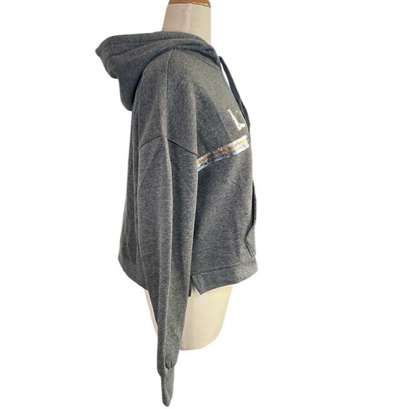 Bebe Women's Sequin Logo Hoodie Charcoal BP2350B Large NWT Thumbholes Kangaroo P - Picture 2 of 11